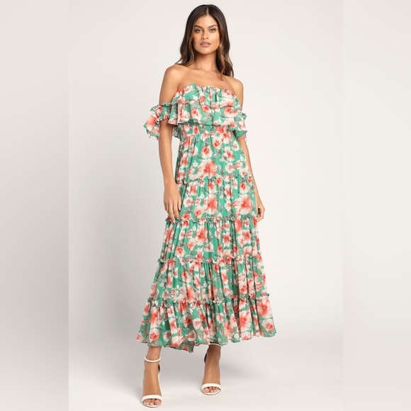 Lulus Chance For Us Green Floral Off-the-Shoulder Ruffled Maxi Dress Size Large. - Picture 1 of 16